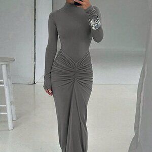 Grey Elegant Women's Ruffled Crew Neck Long Sleeve Fitted Dress
